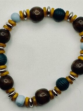 Beaded Stretch Bracelet in Teal, Light Blue & Mustard